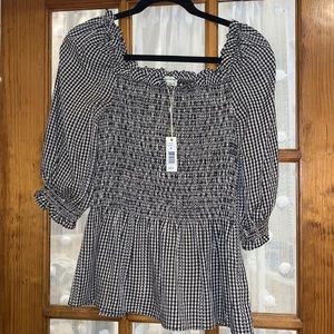 Gingham puffy sleeve peplum shirt